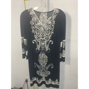 Intermission Womens Black White Damask Paisley V-Neck 3/4 Sleeve Shift Dress 8